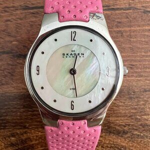 Skagen Denmark - Pink Dotted Leather band w/ Mother of Pearl Watch Face